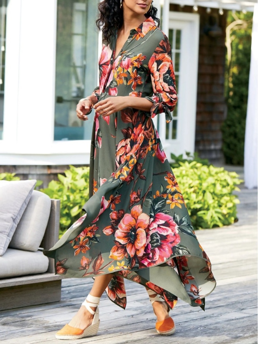Soft Surroundings Provencia Olive Green Floral Midi Dress Handkerchief Hemline